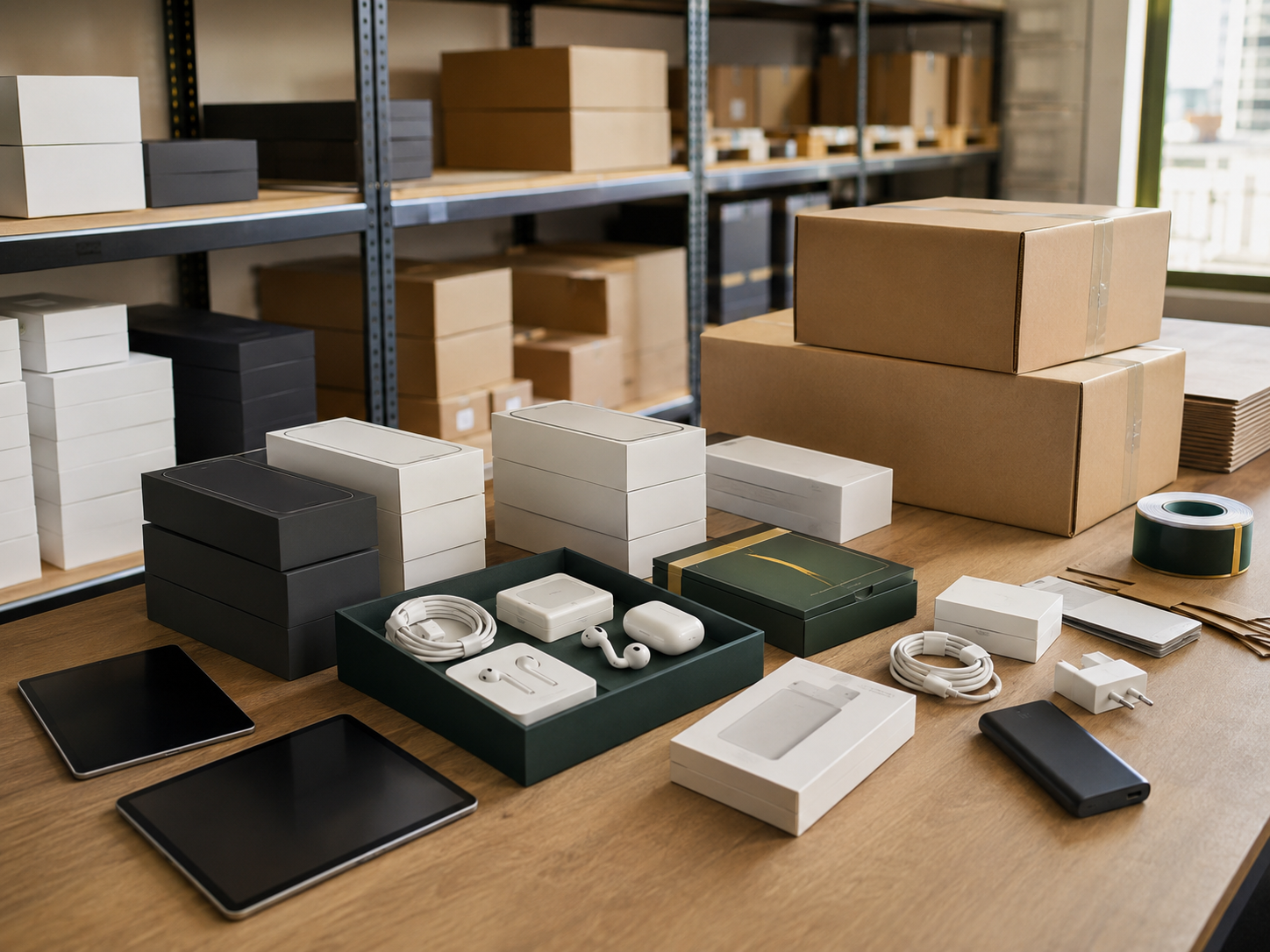 Prepared mobile devices and accessories in an organized distribution workspace